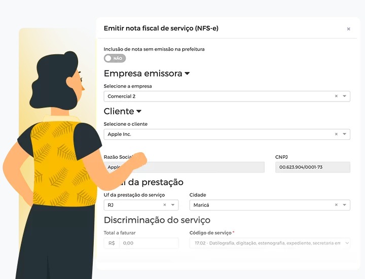 Tela de emissão de nota fiscal de serviço (NFS-e) na Everflow