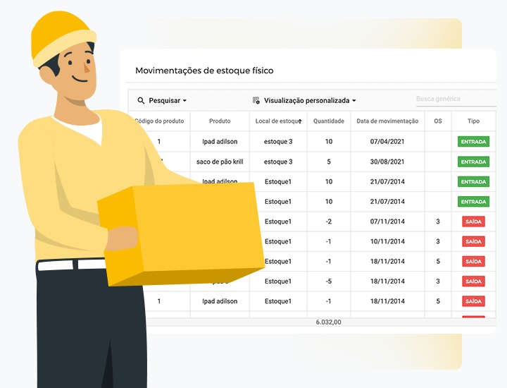 Tela de movimentações de estoque físico na Everflow, com entradas e saídas por OS